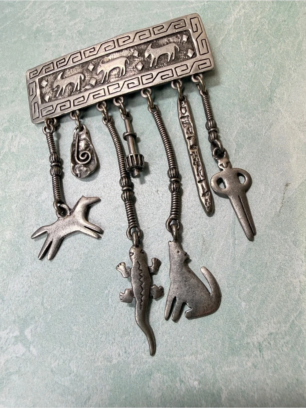 Vintage 1988 JJ Jonette Jewelry Southwestern Style Dangle Charm Brooch Pin